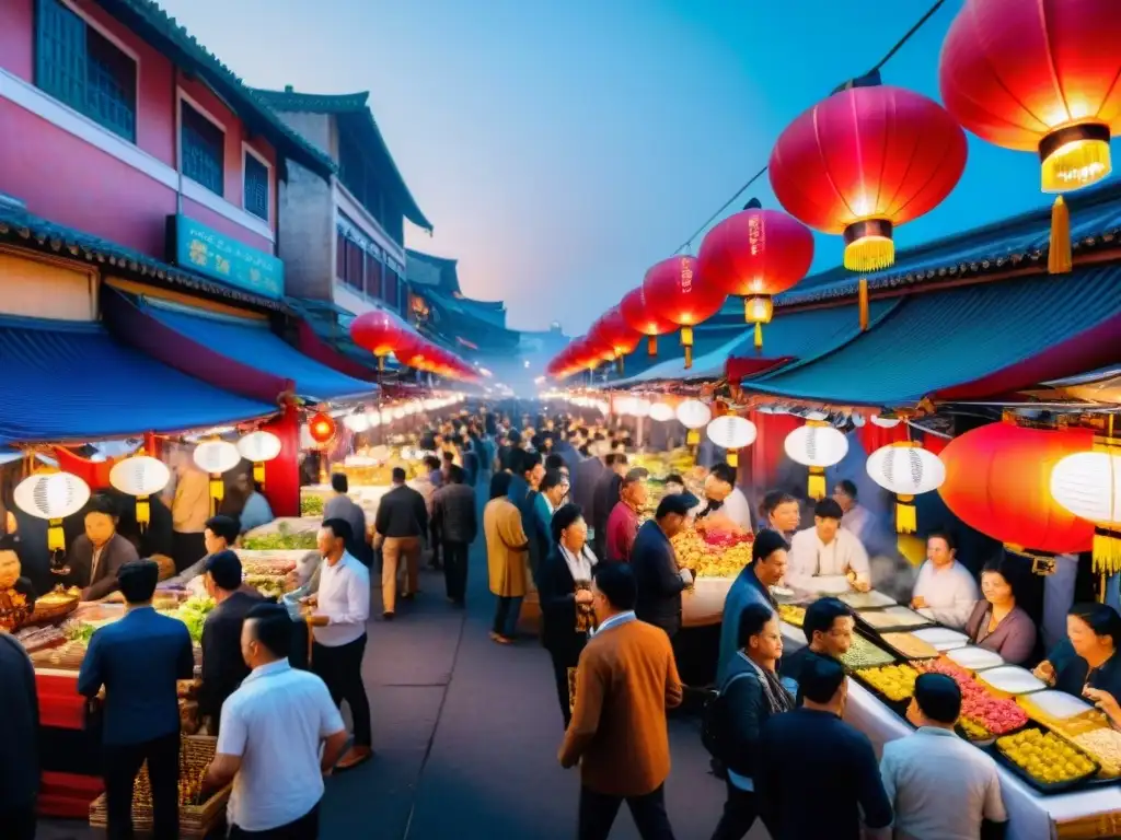 Animado mercado nocturno asiático con coloridas linternas y puestos de comida callejera