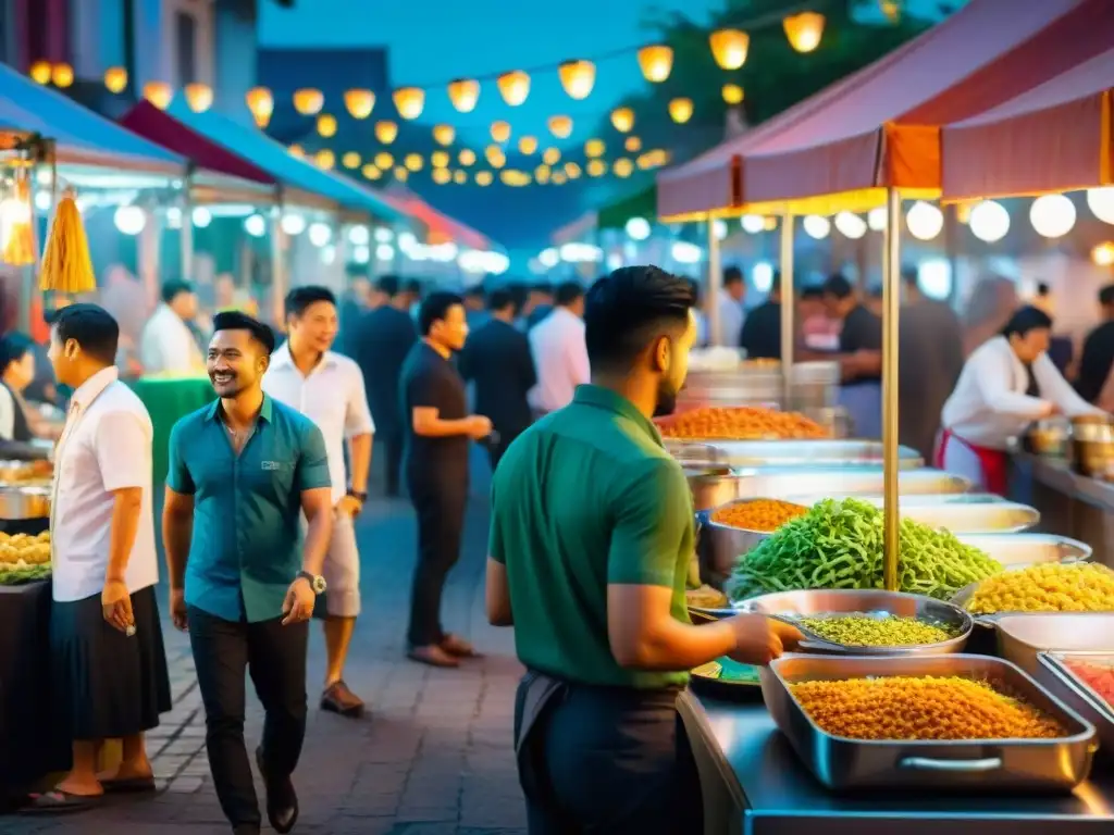 Animado mercado nocturno con puestos de comida de alta gastronomía y chefs preparando platos, ambiente vibrante