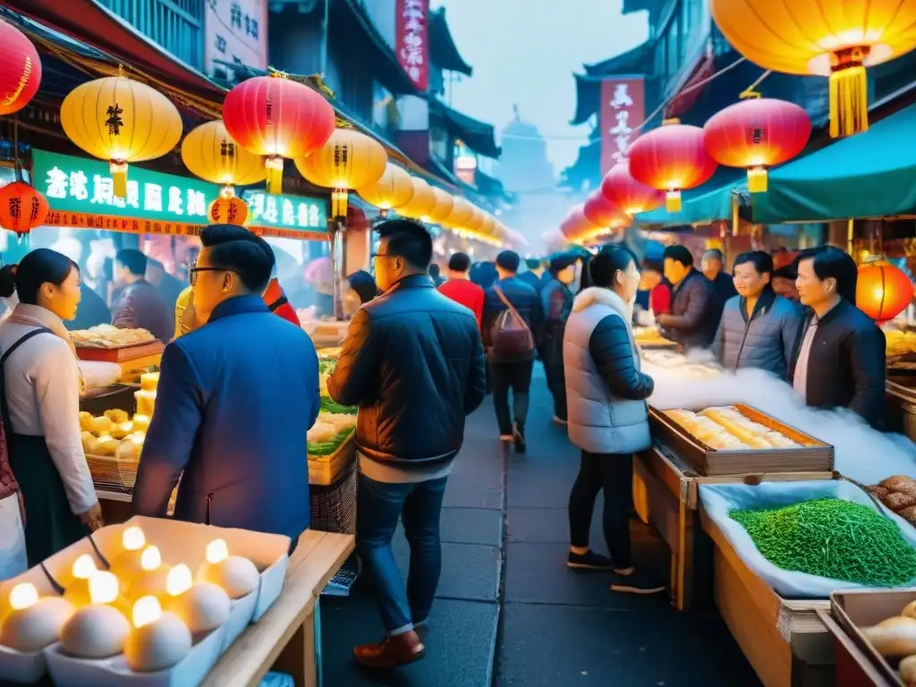 Un animado mercado nocturno taiwanés lleno de vida con puestos de comida coloridos y deliciosos Gua Bao