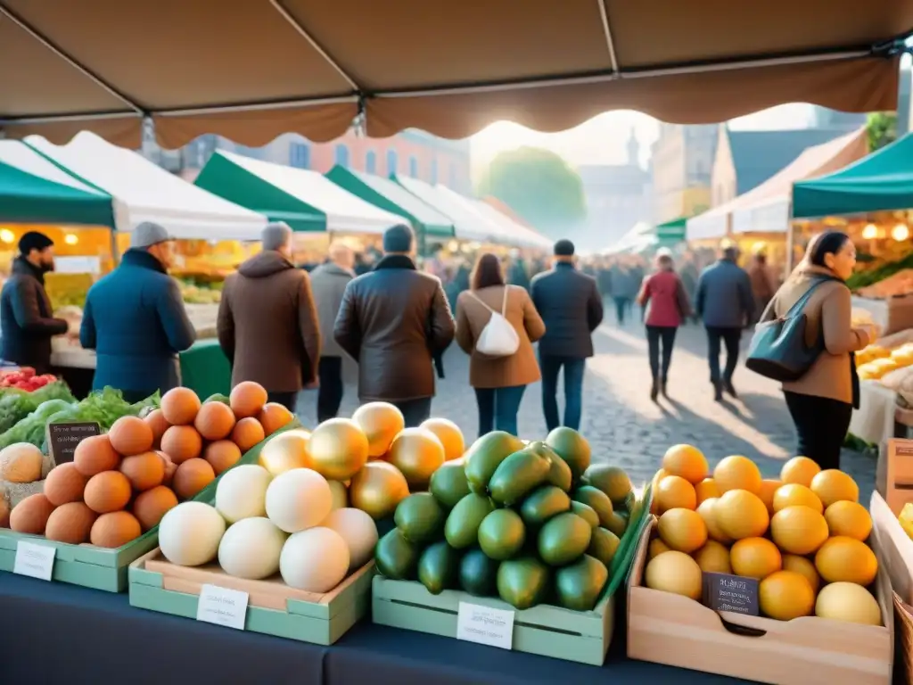 Un animado mercado con puestos de alimentos gourmet y diversidad cultural, reflejando técnicas de Engagement Orgánico Facebook