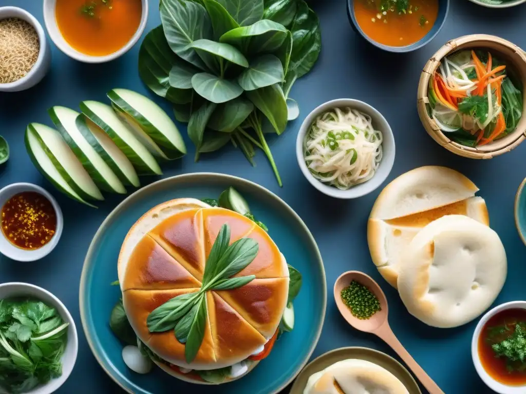 Un animado mercado vietnamita, donde se preparan Sándwiches Bánh Mì con ingredientes frescos y coloridos