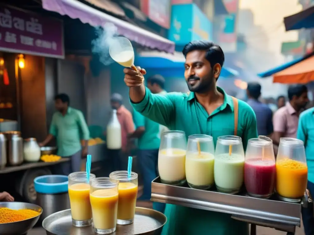 Un animado puesto callejero en la India preparando Lassi, bebida tradicional