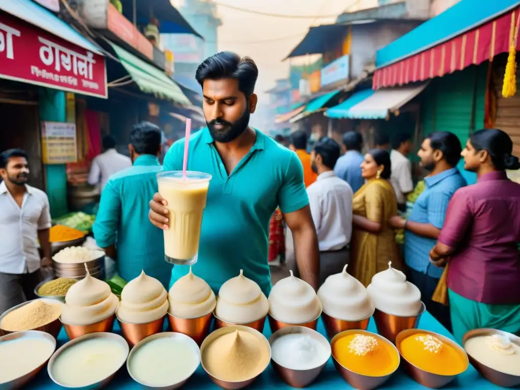 Un animado puesto callejero de Lassi en la India, con vendedores expertos y una decoración vibrante