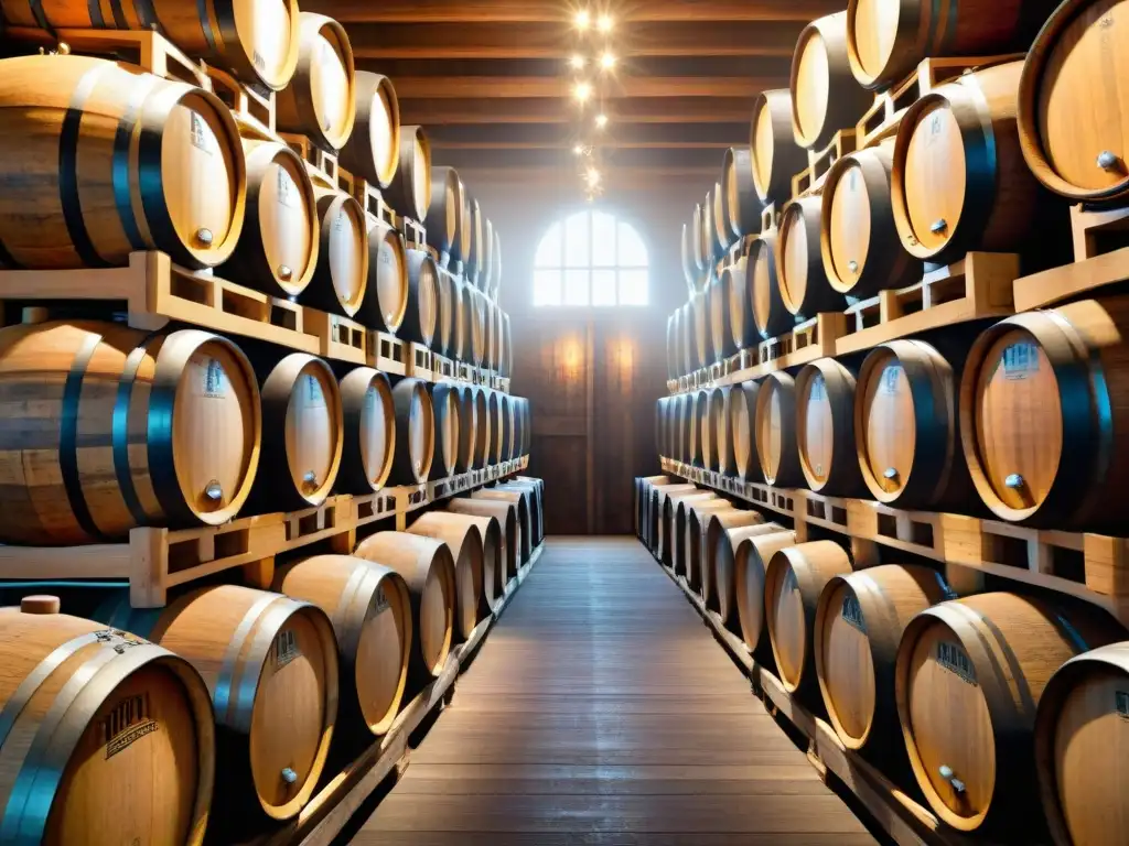 Antigua bodega con barricas de cerveza madurando, destacando la tradición y los beneficios de las cervezas maduradas en barrica