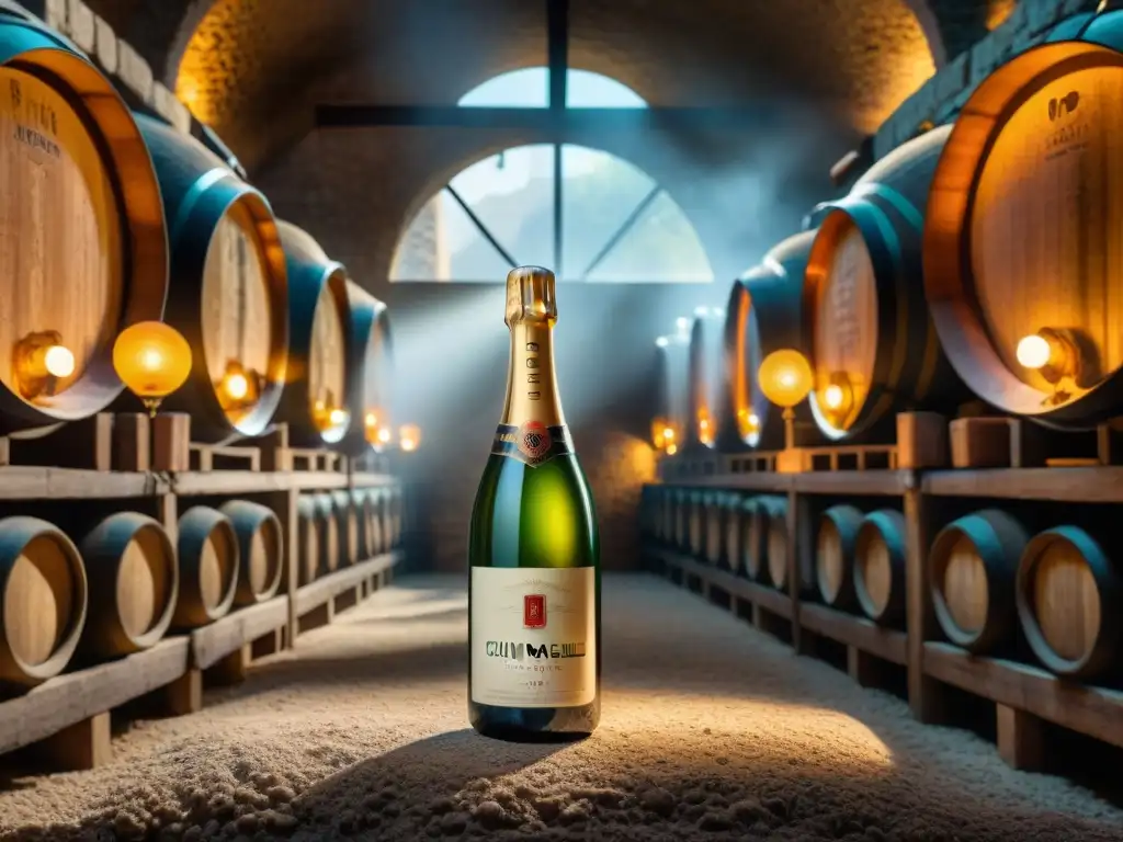 Antigua bodega de champán con botellas cubiertas de polvo y luz tenue, historia del Champagne en detalle