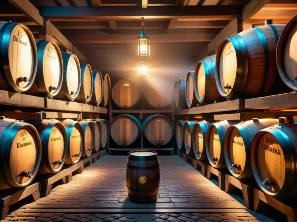 Antigua bodega de cervezas belgas sofisticadas en penumbra llena de barricas de madera