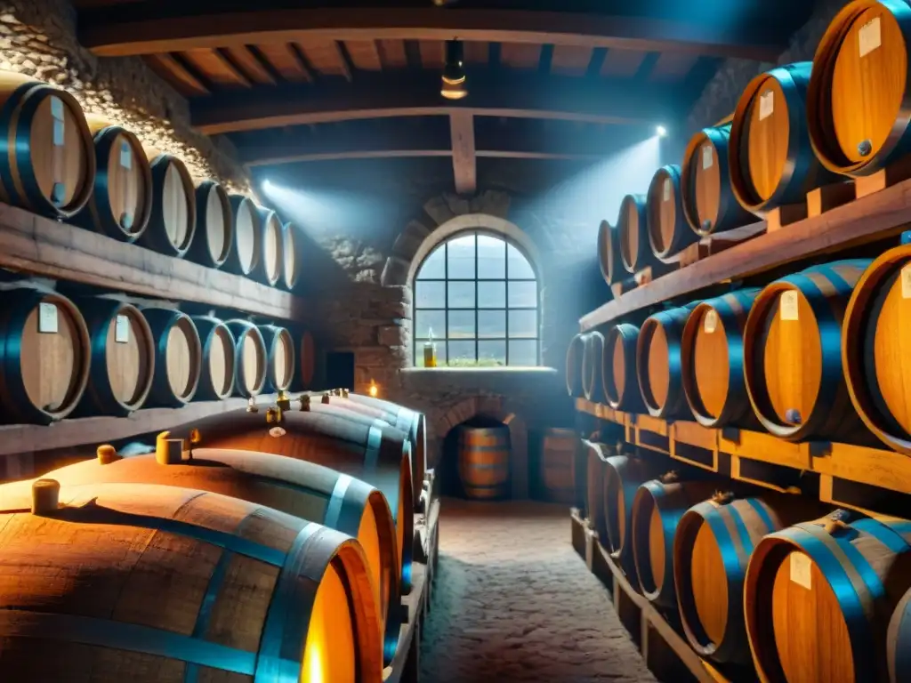 Antigua bodega europea, barricas de roble con etiquetas de vino