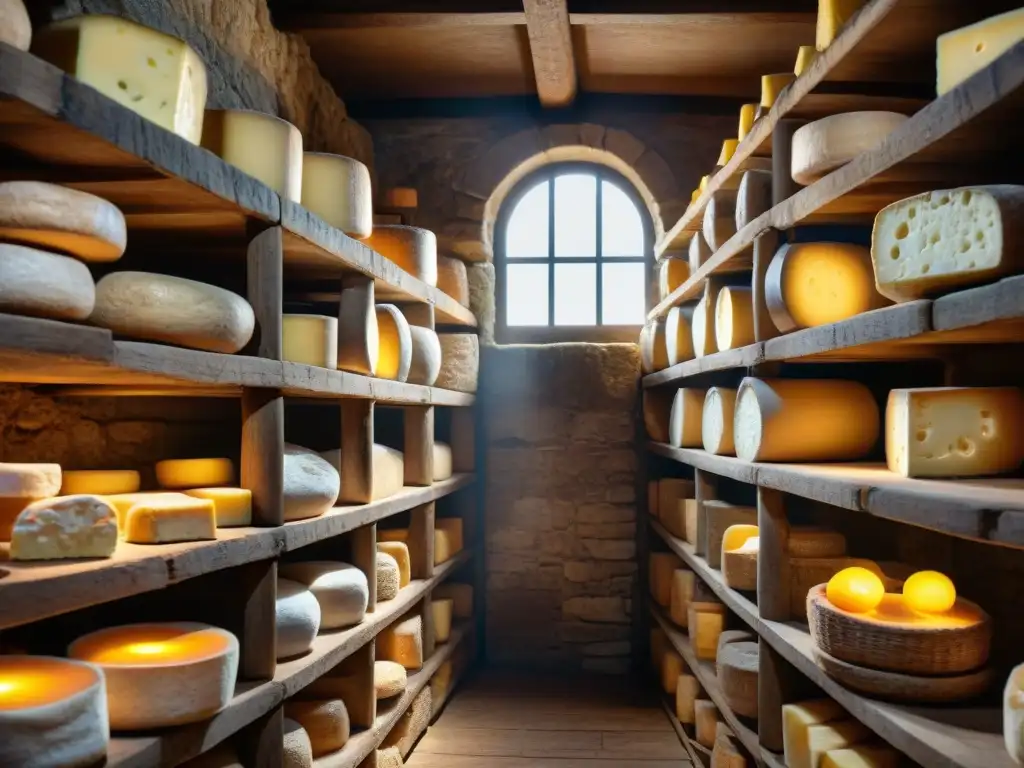 Antigua bodega de piedra europea llena de quesos envejecidos, con historia y tradición