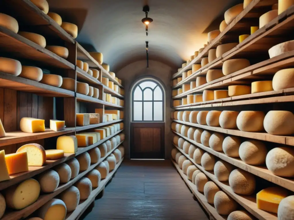 Antigua bodega de quesos europeos gourmet, con ruedas de queso envejecido de varios países, en un ambiente histórico y cultural