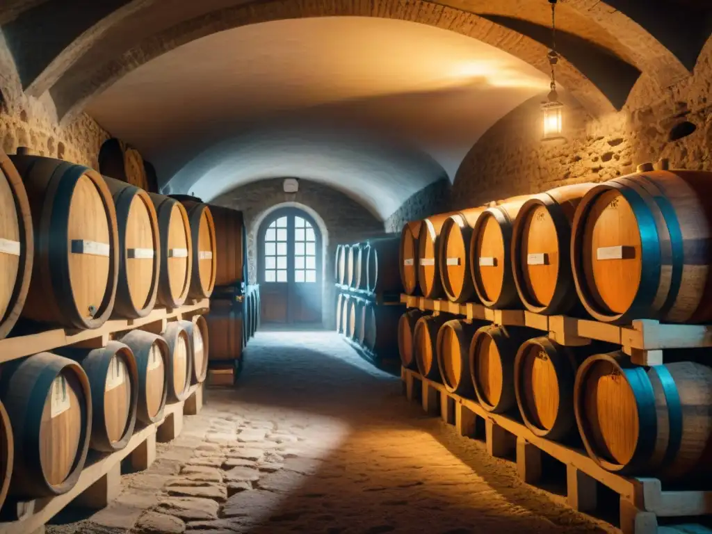 Antigua bodega subterránea iluminada débilmente, repleta de barricas de roble polvorientas hasta el techo