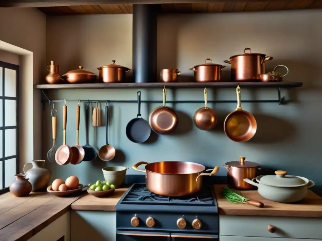 Antigua cocina iluminada con utensilios de cobre, madera y hierro suspendidos sobre chimenea