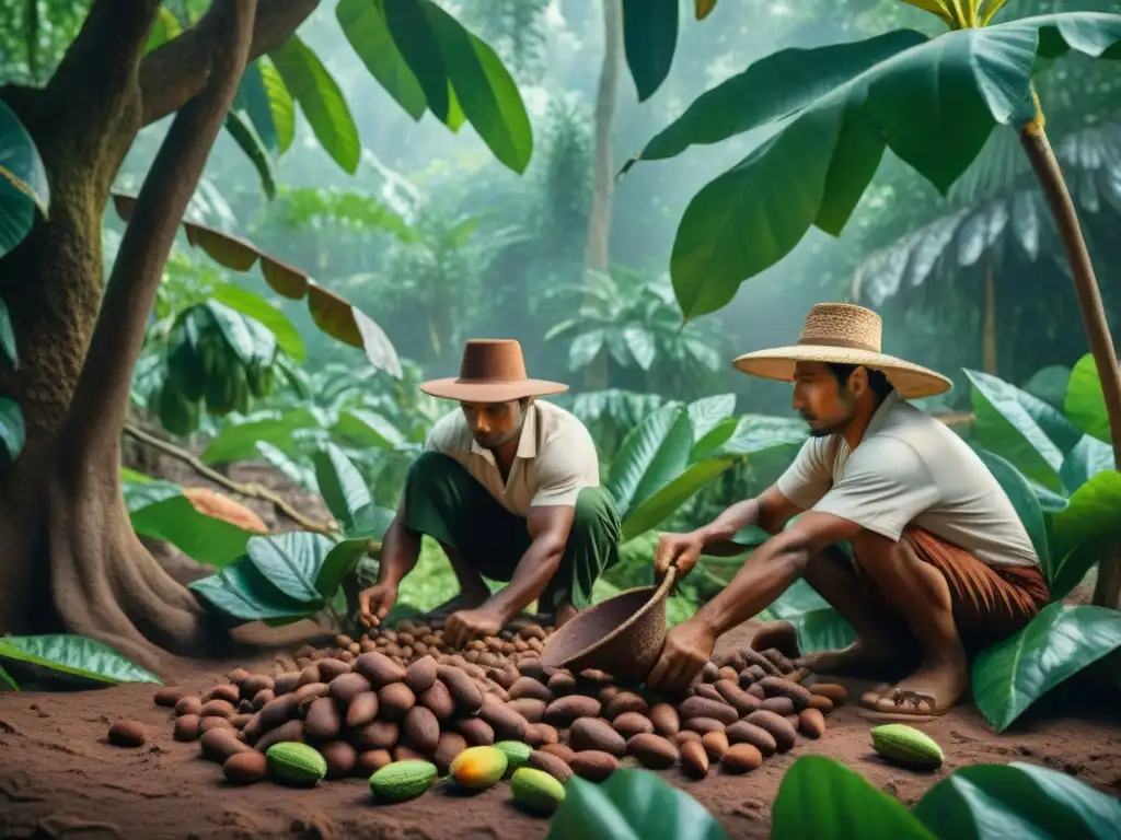 Antigua escena de cosecha de cacao por mayas, evocando la historia cacao conflictos conquistas