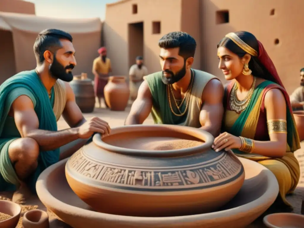 Antigua escena de Mesopotamia: gente elaborando cerveza en un mercado animado