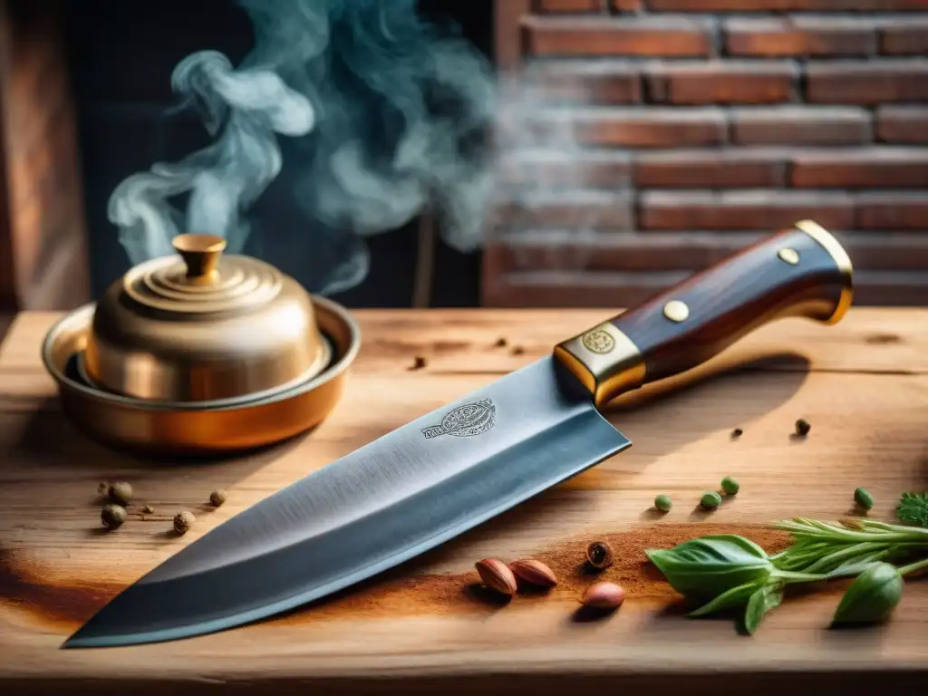 Antigua daga de chef: historia y tradición culinaria Un antiguo cuchillo de chef en una mesa de madera, con detalles tallados y hoja oxidada brillando bajo luz cálida