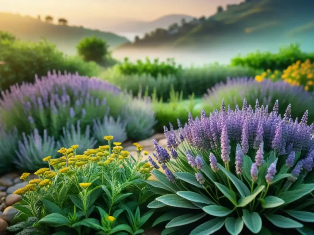 Un jardín herbal antiguo lleno de historia y aromas, con plantas detalladas y vida vibrante bajo la suave luz del atardecer