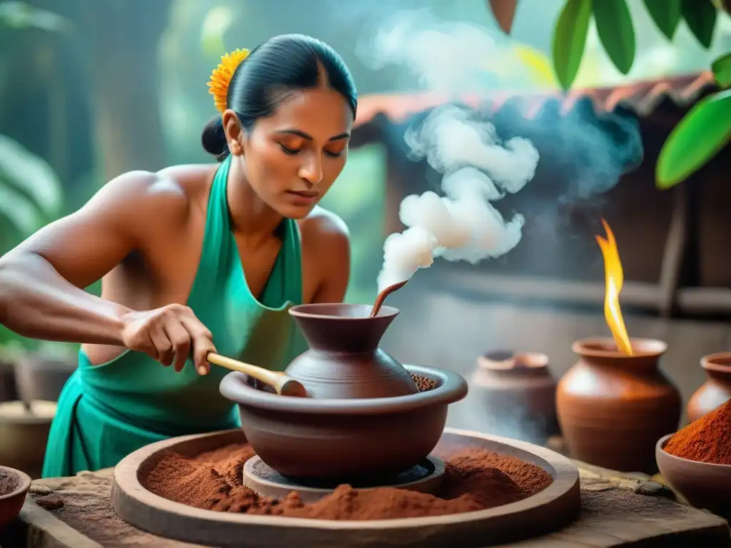 Antiguos chocolateros mayas crean chocolate con artesanía ancestral en escena detallada y vibrante