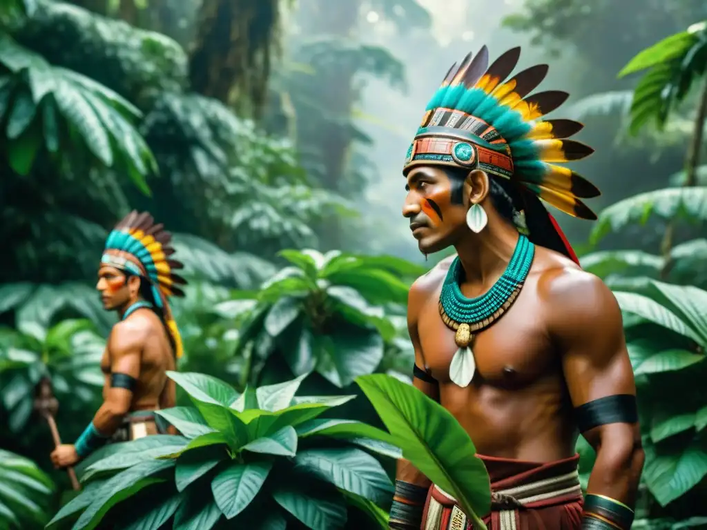 Antiguos guerreros aztecas cosechando cacao en la exuberante selva tropical, detalle histórico en la historia del chocolate en gastronomía