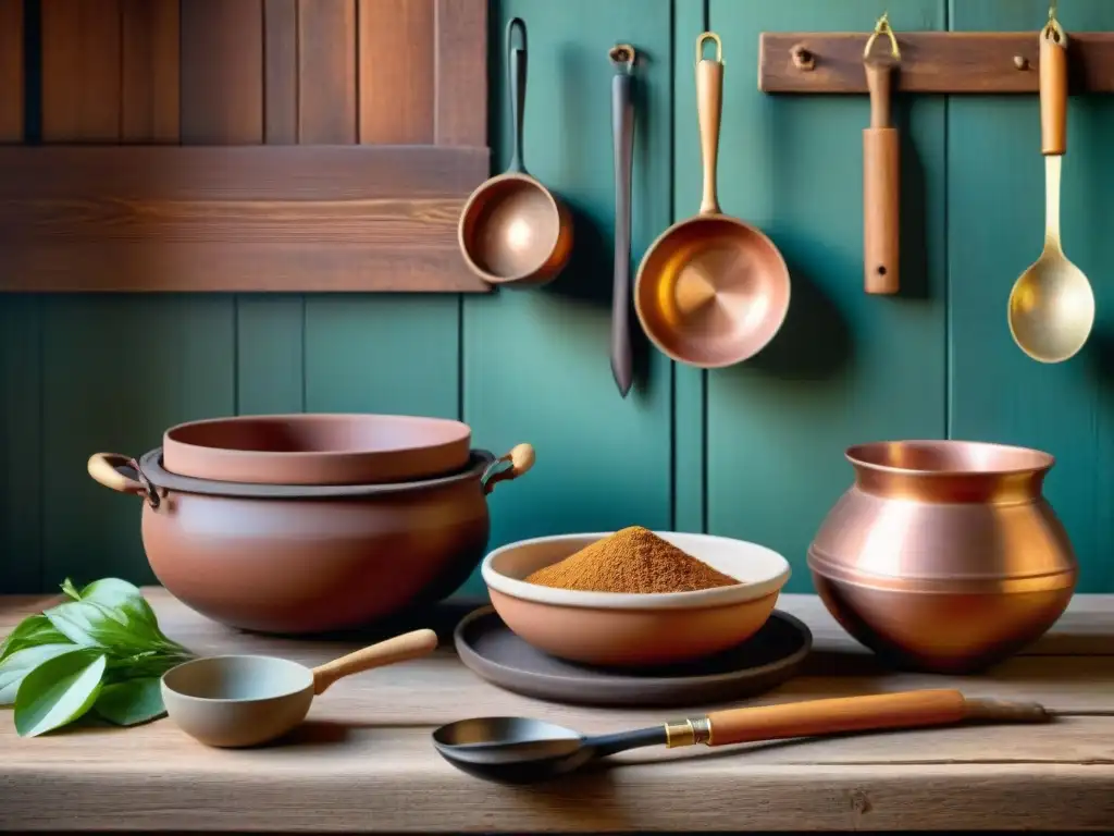 Antiguos utensilios de cocina de diversas culturas en una mesa de madera rústica