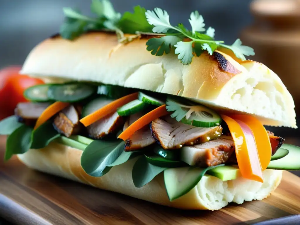 Un apetitoso Sándwich Bánh Mì: historia y receta, con baguette crujiente, cerdo marinado, vegetales encurtidos y cilantro fresco sobre tabla rústica