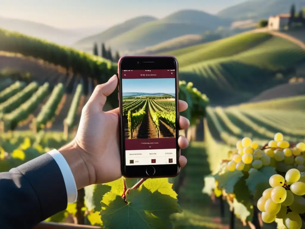 Una app para amantes del vino: pantalla de smartphone con interfaz elegante de cata de vinos en un paisaje de viñedo en 3D