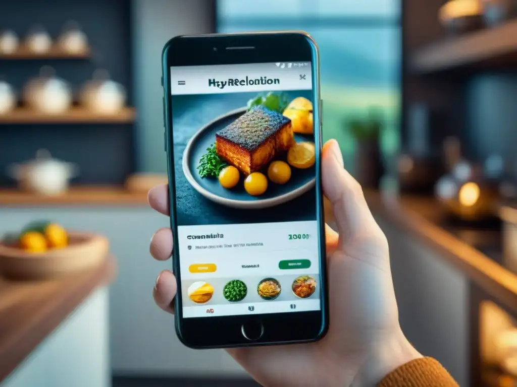 Una app de gastronomía experta y transformadora en un moderno smartphone, con imágenes vibrantes y detalles de recetas