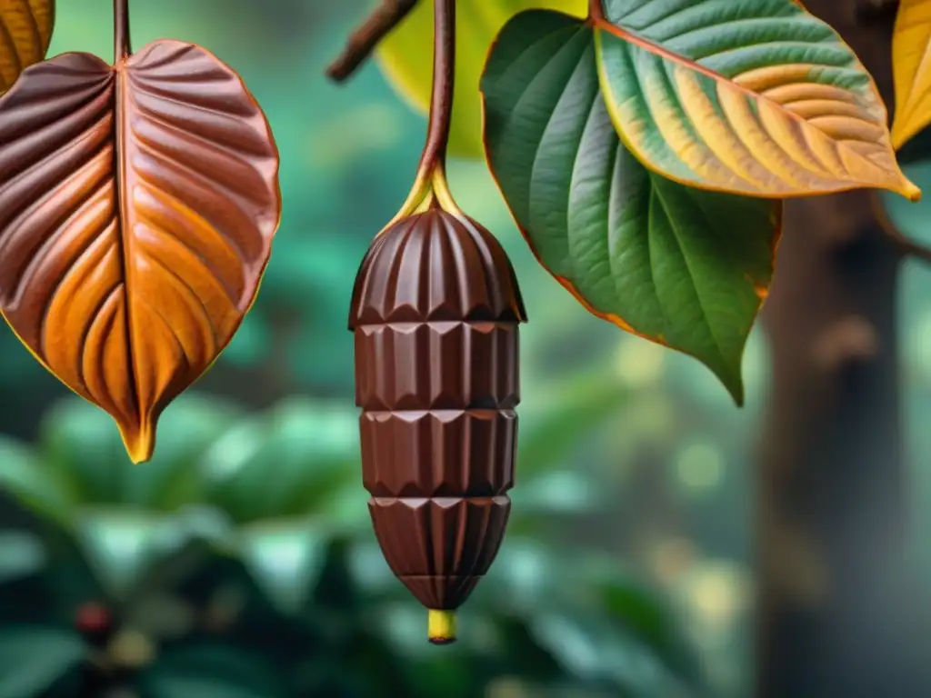 Un árbol de cacao detallado con vainas maduras, en una exuberante selva tropical