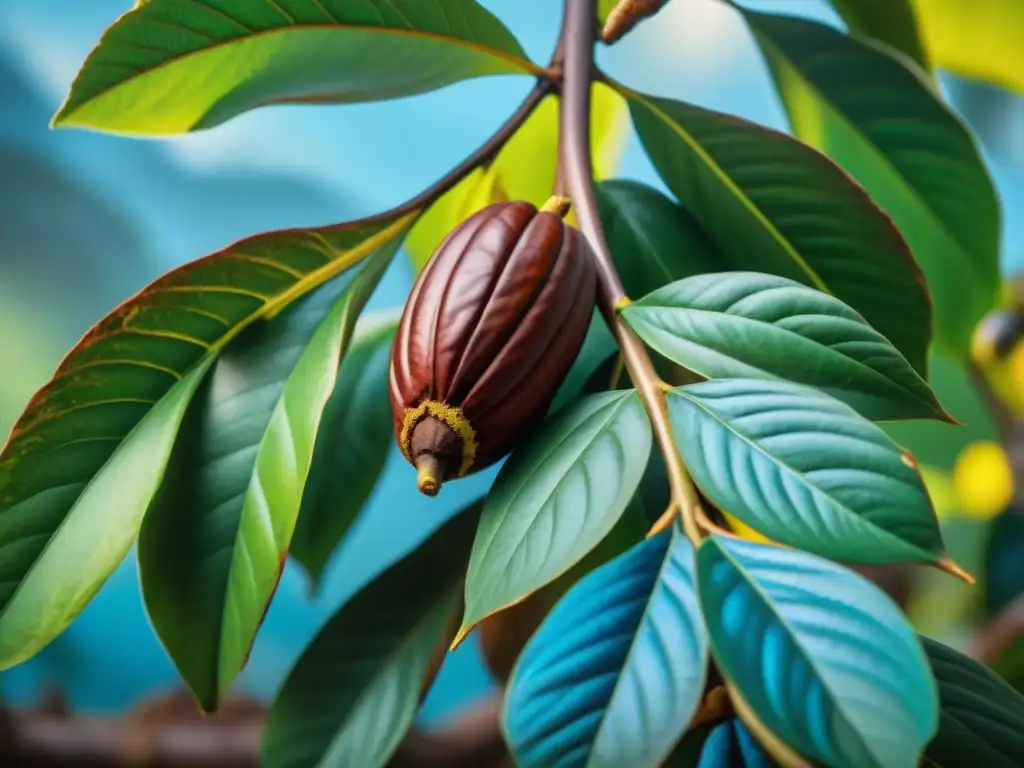 Un árbol de cacao rebosante de vainas maduras bajo el sol, en una plantación exuberante