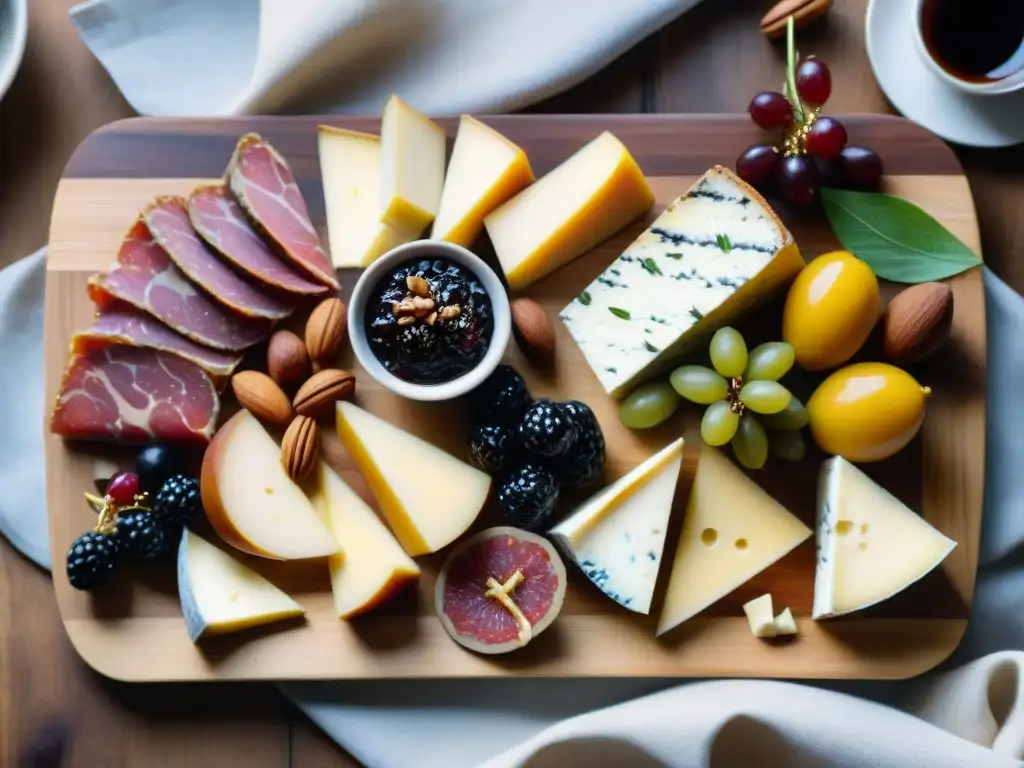 Armonías gastronómicas inesperadas en una tabla de embutidos y quesos artesanales, frutas frescas y miel, sobre una tabla de madera rústica