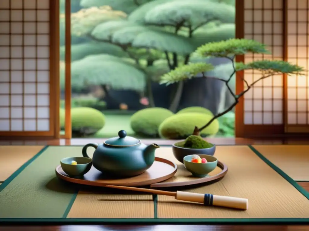 Armoniosa ceremonia del té japonés con porcelana, dulces wagashi y tatami, ideal para combinar té verde platos asiáticos