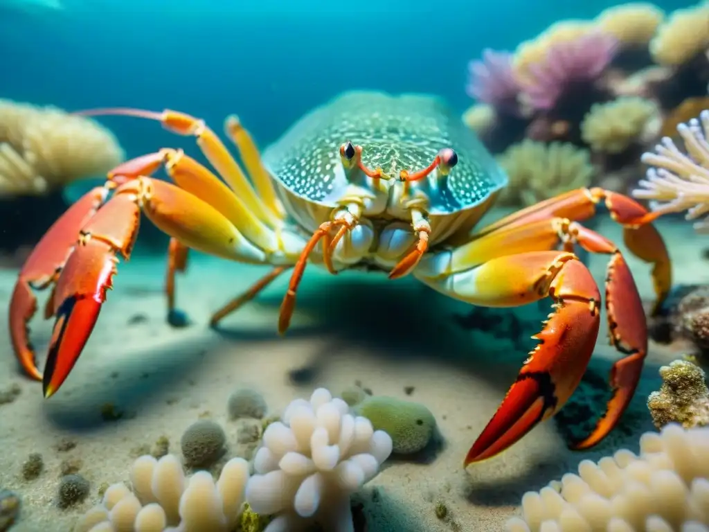 Un arrecife de coral submarino vibrante con mariscos exóticos sostenibles gourmet en su hábitat natural, bajo la luz del sol