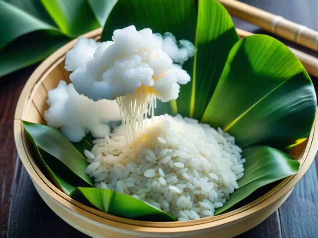 Arroz glutinoso en gastronomía asiática: Imagen detallada de granos de arroz vaporizándose en una cesta de bambú, rodeados de hojas verdes