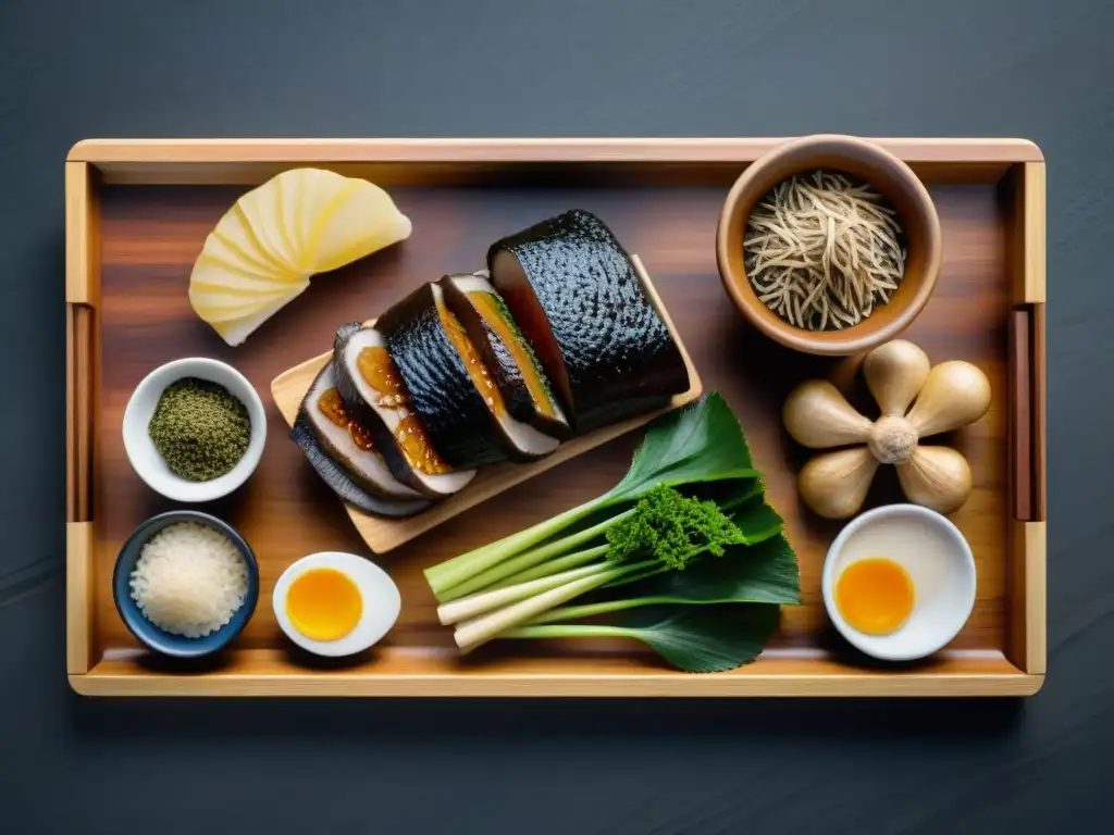 Arte culinario japonés: esenciales umami como pasta de miso, salsa de soja, bonito, shiitake y kombu en bandeja de madera