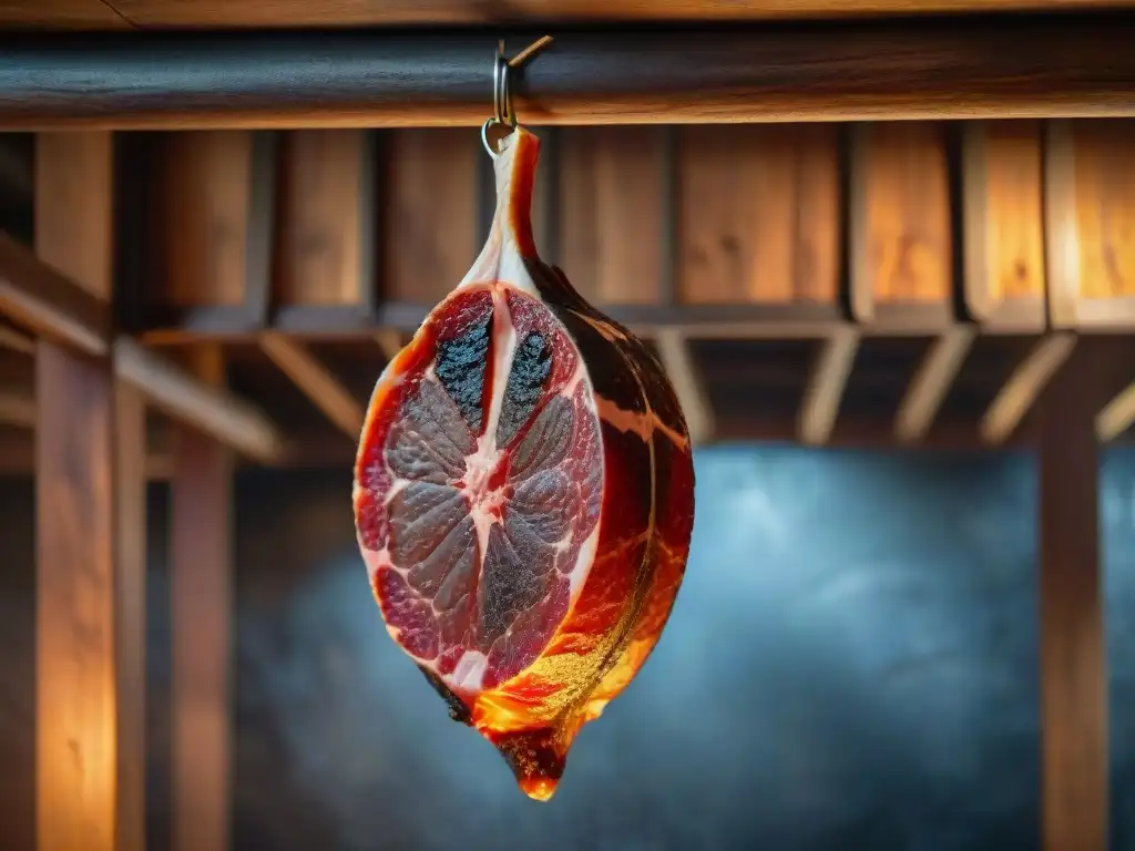 El arte del secado de jamones: Jamón ibérico colgando en una bodega tradicional española, con tonos oscuros y rústicos