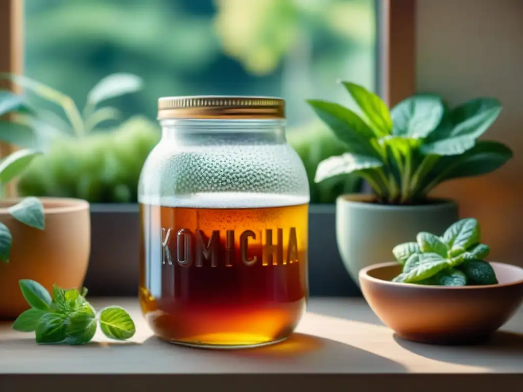 El arte de la fermentación: un tarro de cristal rebosante de kombucha burbujeante, con capas intrincadas de SCOBY flotando bajo la luz del sol