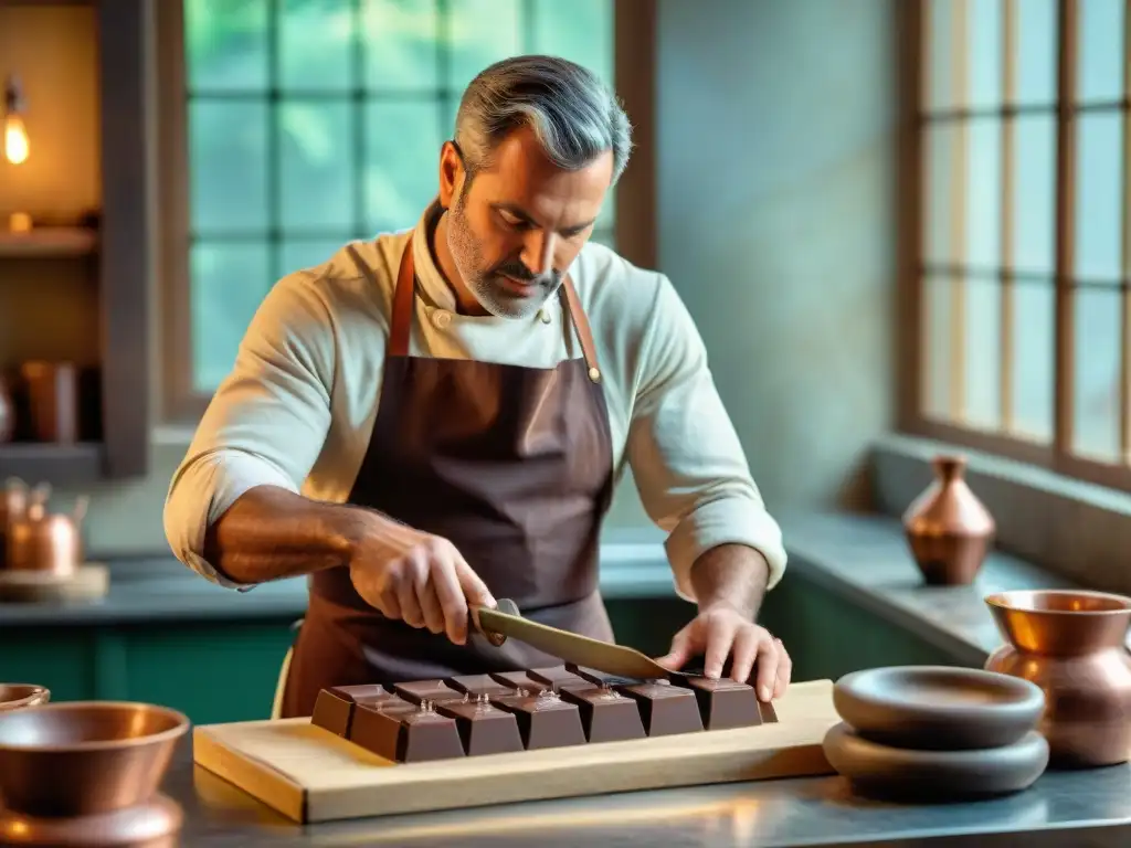 Producción artesanal de chocolate: maestro chocolatero elaborando barras premium en un taller rústico y acogedor