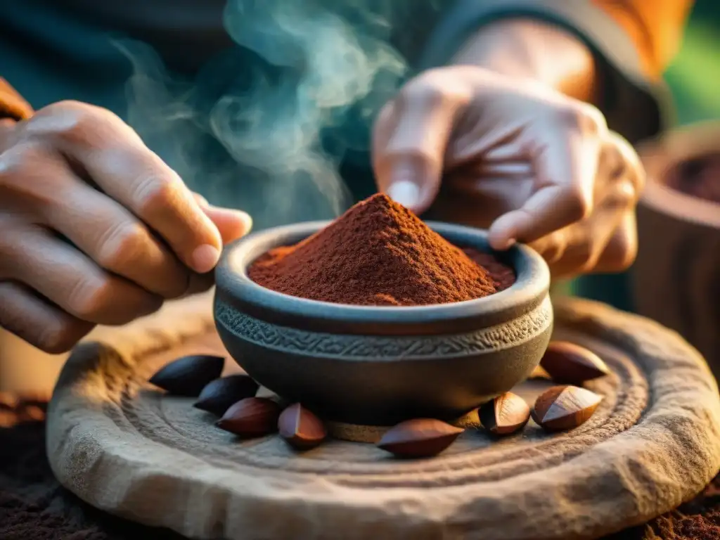 Producción artesanal de chocolate: molienda de cacao en metate de piedra, destacando texturas y colores