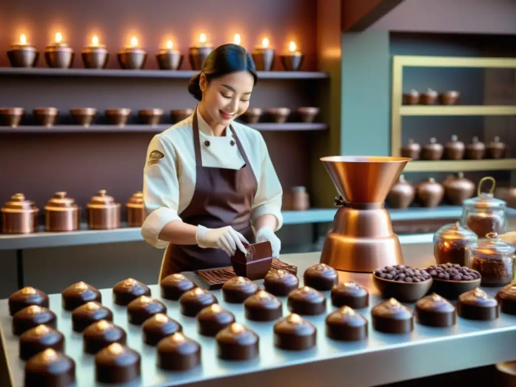 Fabricación artesanal de chocolate tradicional: escena nostálgica y vibrante con maquinaria antigua y maestros chocolateros expertos