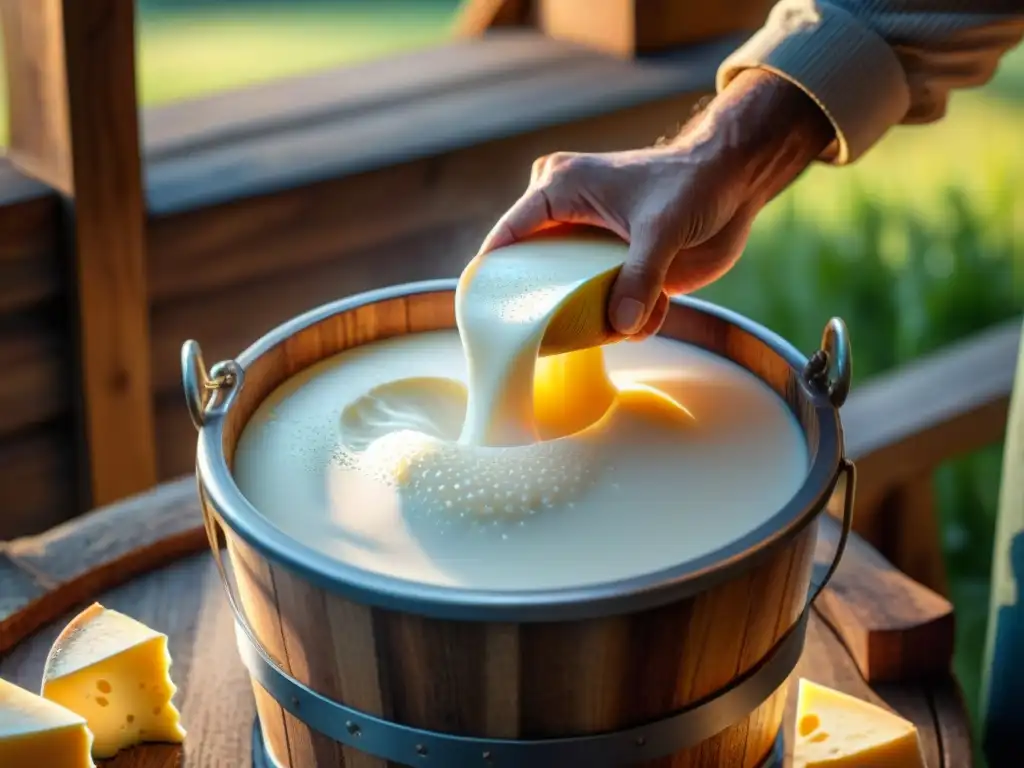 Transformación artesanal de la leche: Detalle de artesano seleccionando leche fresca en balde de madera, bajo el sol