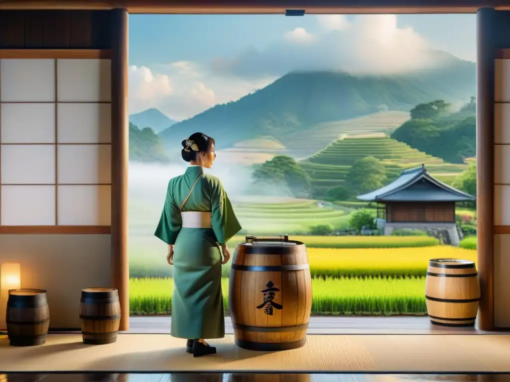 Artesanía y tradición en una destilería japonesa de sake, con barriles de madera y campos de arroz