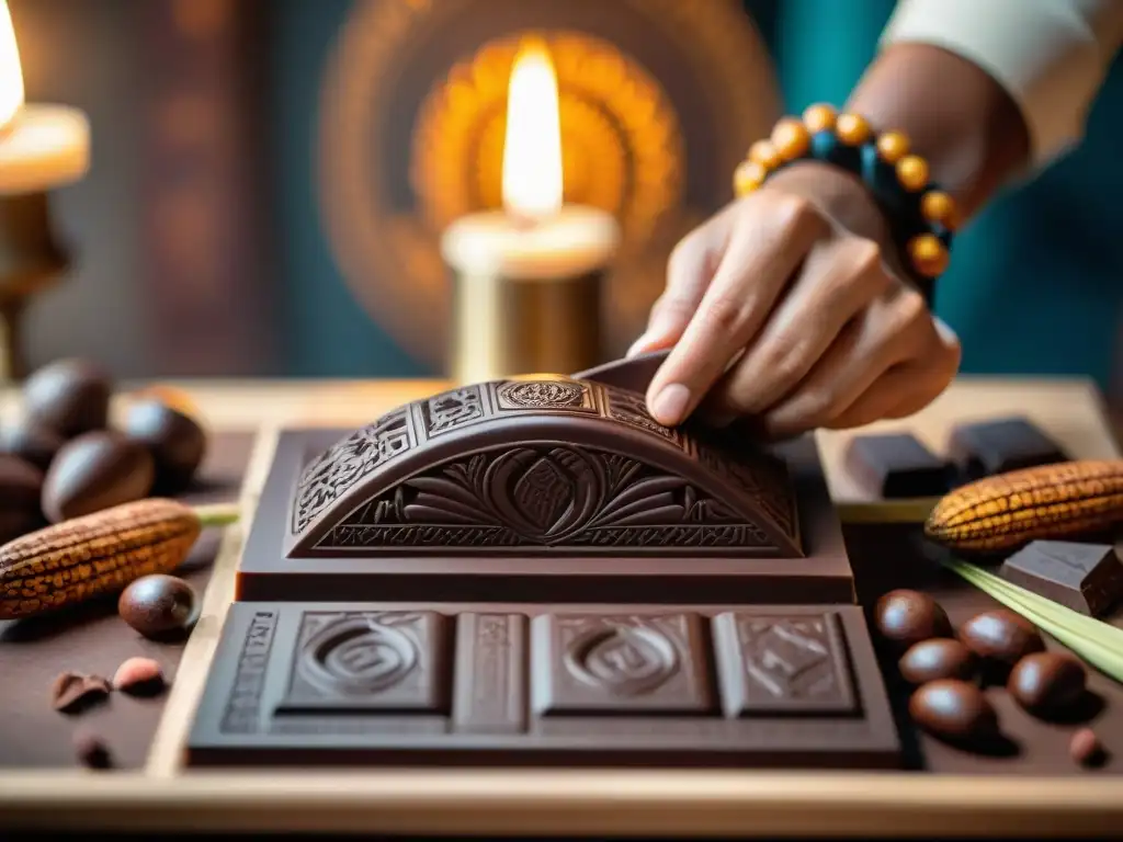 Un artesano ancestral chocolatero tallando patrones en un bloque de chocolate, rodeado de cacao y luz de velas