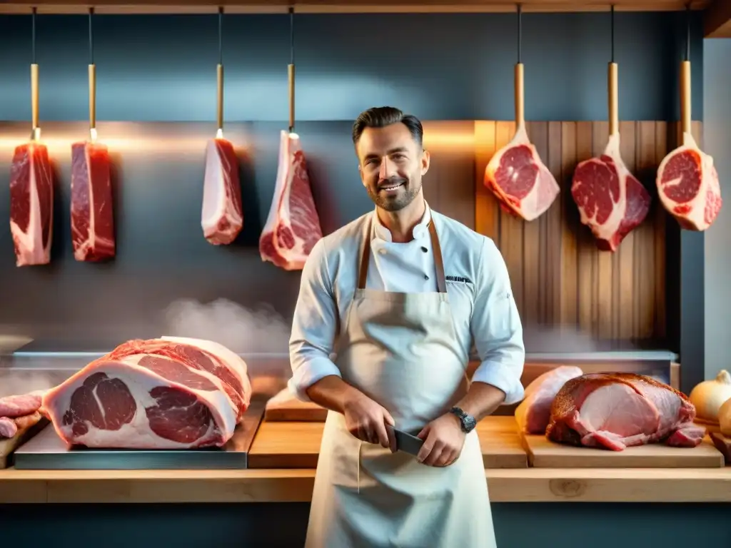 Un artesano cortando carne con conciencia artesanal gourmet en una carnicería tradicional