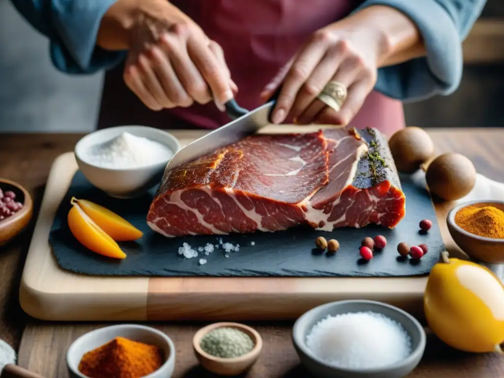 Artesano de charcutería cuidadosamente salando carne, resaltando la importancia de la sal en la charcutería tradicional