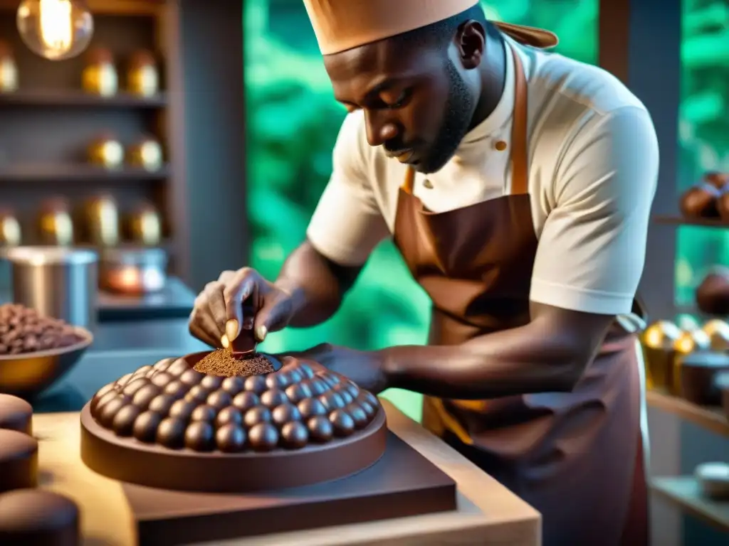 Un artesano del chocolate moldea con precisión una escultura de chocolate, rodeado de cacao y moldes antiguos en un taller cálido y detallado