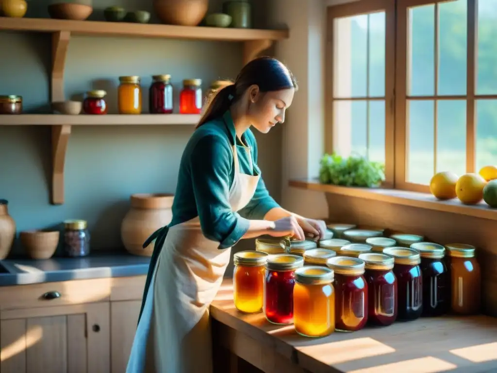 Artesano etiquetando conservas gourmet artesanales tradicionales en una cocina rústica y acogedora