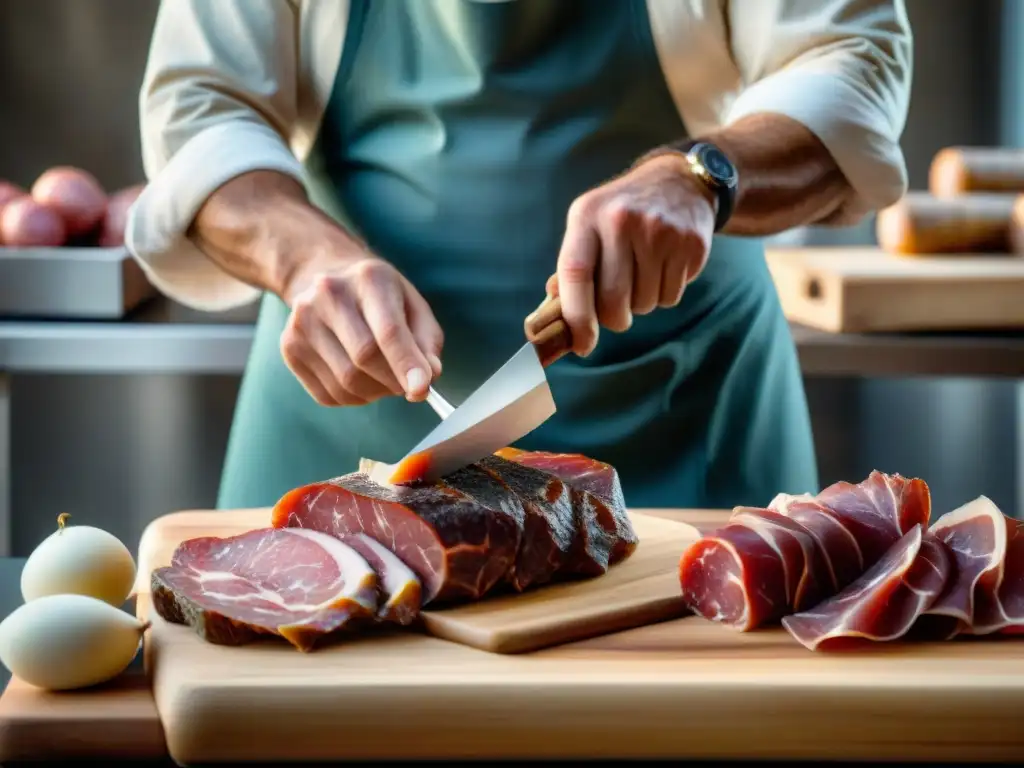 Un artesano corta con precisión un jamón en una charcutería rústica, resaltando la calidad charcutería artesanal gourmet