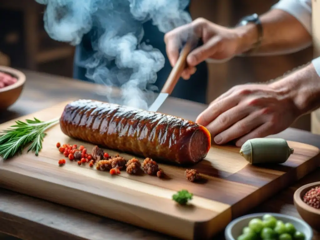 Un artesano experto rellena con destreza embutidos gourmet, resaltando la meticulosa preparación embutidos artesanales gourmet