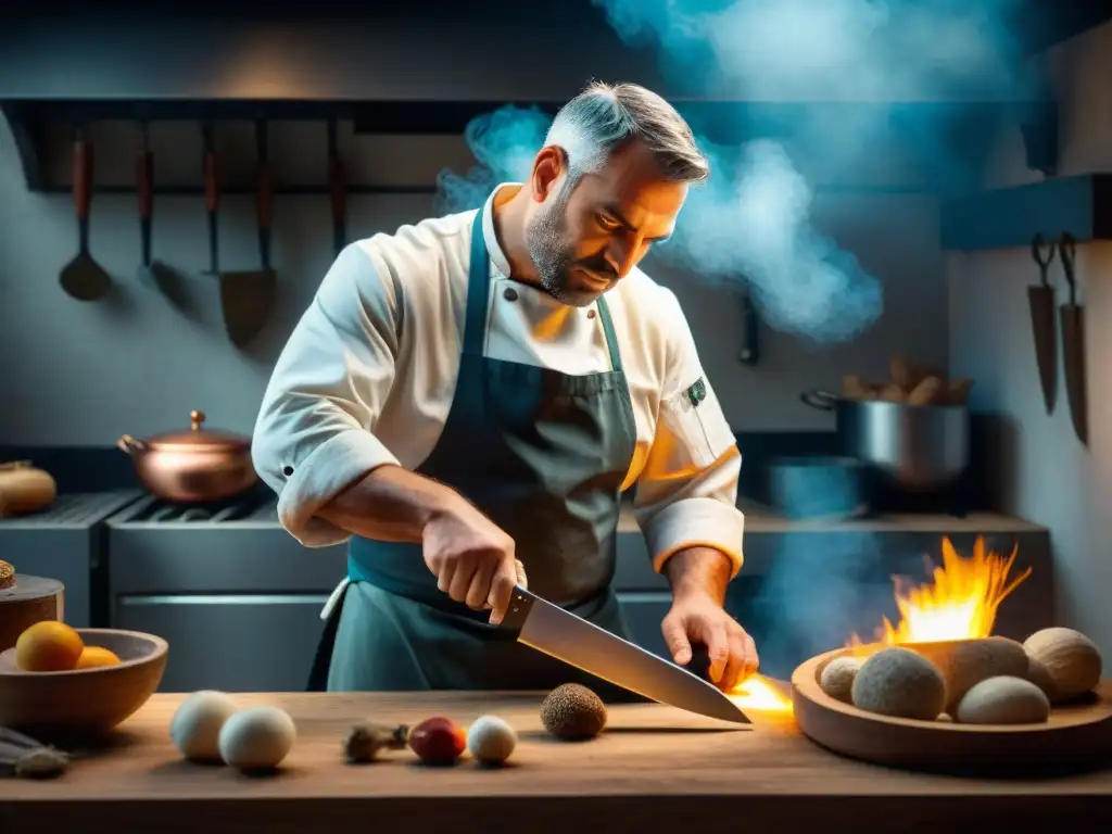 Artesano creando cuchillo de chef en cocina histórica Un artesano hábil elaborando un cuchillo de chef en una cocina histórica