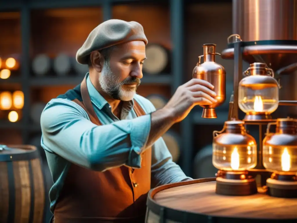 Un artesano vierte líquido ámbar en una botella de vidrio, en una destilería iluminada por faroles