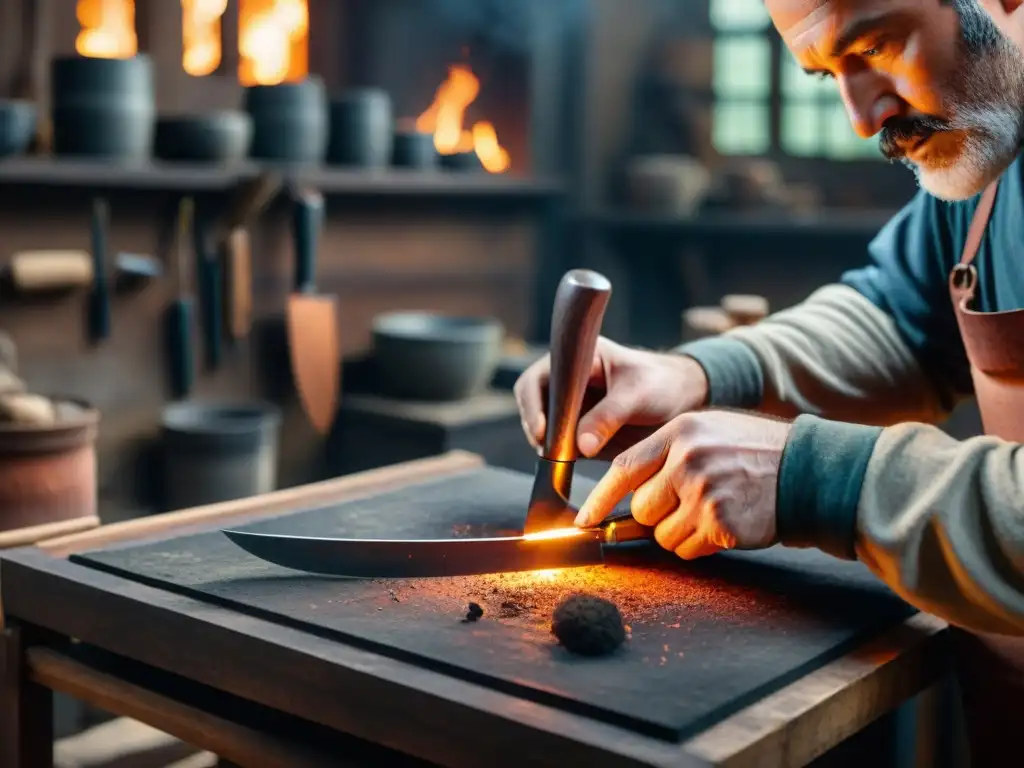 Un artesano forjando a mano sets de cuchillos artesanales tradicionales en un taller tradicional iluminado por la luz cálida de la fragua