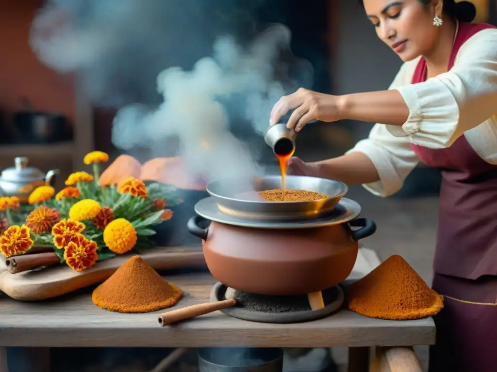 Un artesano mexicano preparando café de olla tradicional gourmet sobre fuego abierto, rodeado de flores y canela